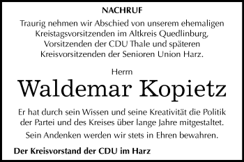 Traueranzeige von Waldemar Kopietz von Mitteldeutsche Zeitung