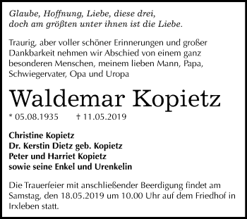 Traueranzeige von Waldemar Kopietz von Mitteldeutsche Zeitung Quedlinburg