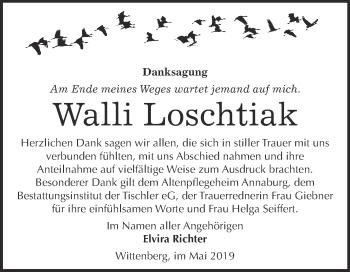 Traueranzeige von Walli Loschtiak von WVG - Wochenspiegel Wittenberg