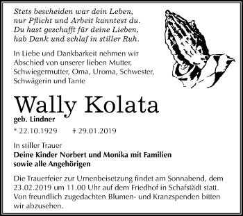 Traueranzeige von Wally Kolata von Mitteldeutsche Zeitung Merseburg/Querfurt
