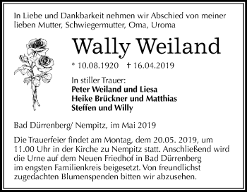 Traueranzeige von Wally Weiland von Mitteldeutsche Zeitung Merseburg/Querfurt