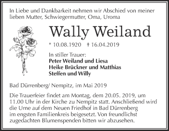 Traueranzeige von Wally Weiland von Super Sonntag Merseburg