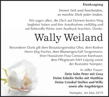 Traueranzeige von Wally Weiland von Super Sonntag Merseburg