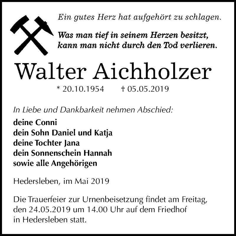  Traueranzeige für Walter Aichholzer vom 15.05.2019 aus Mitteldeutsche Zeitung Mansfelder Land