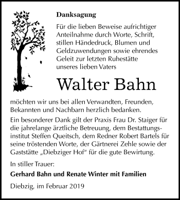 Traueranzeige von Walter Bahn von Mitteldeutsche Zeitung Köthen