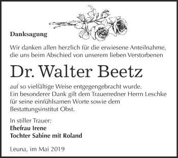 Traueranzeige von Walter Beetz von Super Sonntag Merseburg