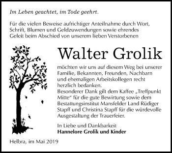 Traueranzeige von Walter Grolik von Super Sonntag SGH Mansf. Land