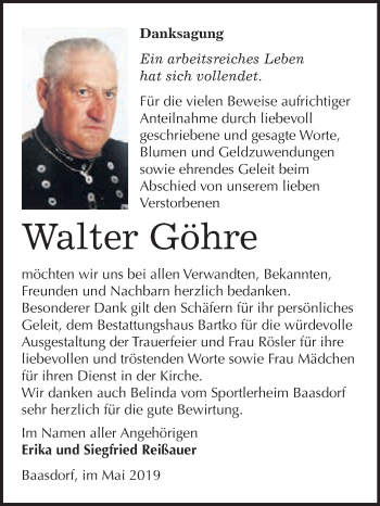 Traueranzeige von Walter Göhre von WVG - Wochenspiegel Dessau / Köthen