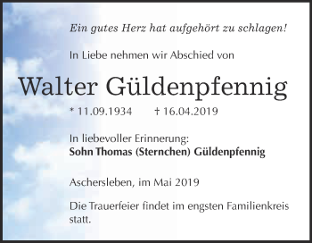 Traueranzeige von Walter Güldenpfennig von Super Sonntag Aschersleben