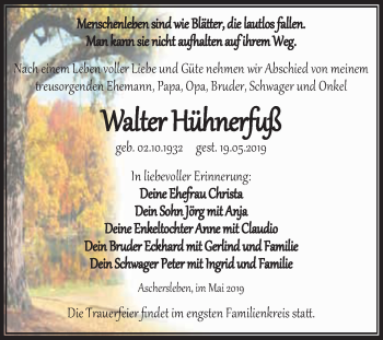 Traueranzeige von Walter Hühnerfuß von Super Sonntag Aschersleben