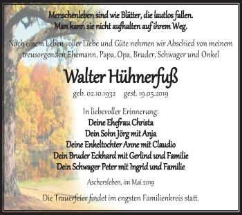 Traueranzeige von Walter Hühnerfuß von Mitteldeutsche Zeitung