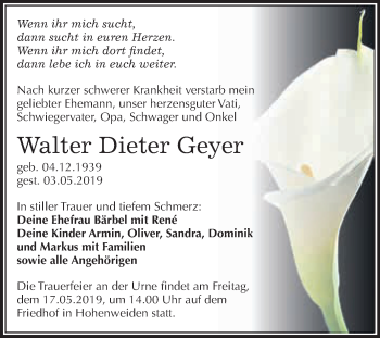 Traueranzeige von Walter Dieter Geyer von WVG - Wochenspiegel Merseburg
