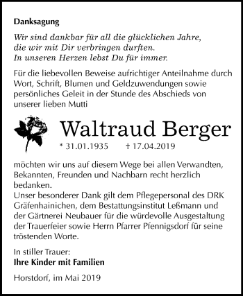 Traueranzeige von Waltraud Berger von WVG - Wochenspiegel Wittenberg