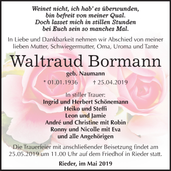Traueranzeige von Waltraud Bormann von Mitteldeutsche Zeitung