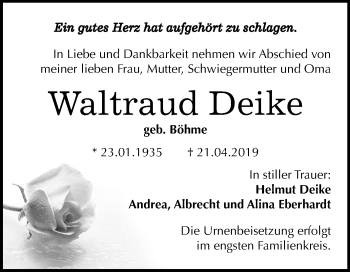 Traueranzeige von Waltraud Deike von Mitteldeutsche Zeitung Mansfelder Land