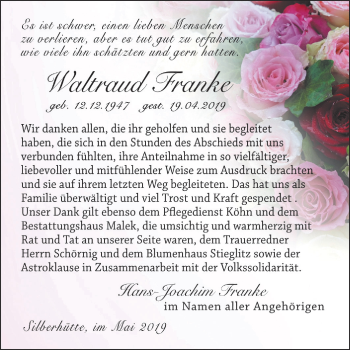 Traueranzeige von Waltraud Franke von Mitteldeutsche Zeitung