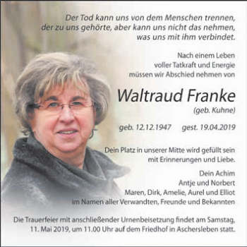 Traueranzeige von Waltraud Franke von WVG - Wochenspiegel Quedlinburg