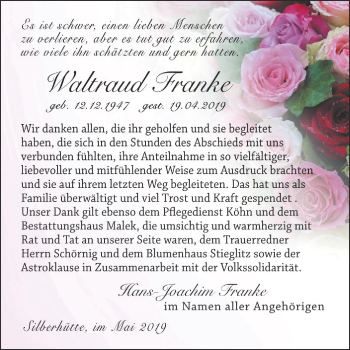 Traueranzeige von Waltraud Franke von Mitteldeutsche Zeitung