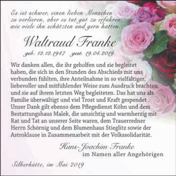 Traueranzeige von Waltraud Franke von Super Sonntag Aschersleben