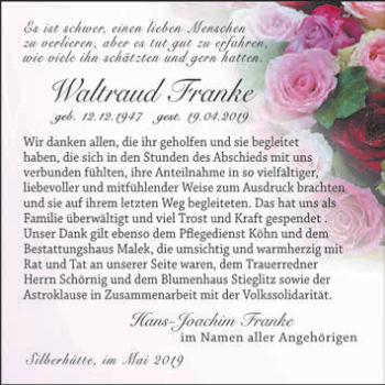 Traueranzeige von Waltraud Franke von WVG - Wochenspiegel Quedlinburg