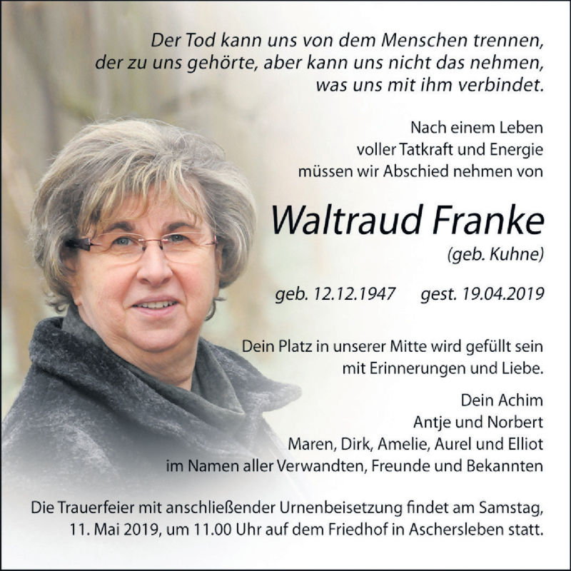  Traueranzeige für Waltraud Franke vom 02.05.2019 aus Mitteldeutsche Zeitung Aschersleben