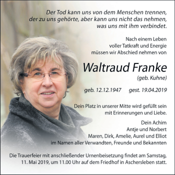 Traueranzeige von Waltraud Franke von Mitteldeutsche Zeitung Aschersleben