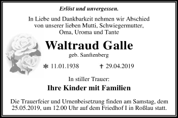 Traueranzeige von Waltraud Galle von WVG - Wochenspiegel Dessau / Köthen