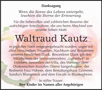 Traueranzeige von Waltraud Kautz von Super Sonntag SGH Mansf. Land