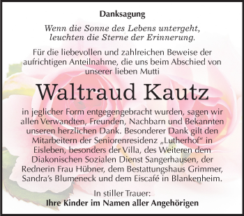 Traueranzeige von Waltraud Kautz von Mitteldeutsche Zeitung Sangerhausen
