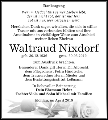 Traueranzeige von Waltraud Nixdorf von Mitteldeutsche Zeitung