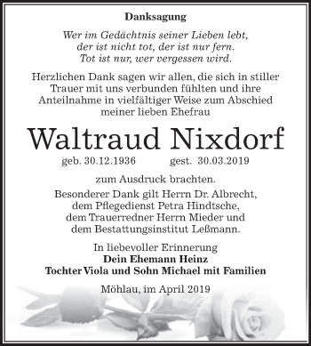 Traueranzeige von Waltraud Nixdorf von WVG - Wochenspiegel Wittenberg