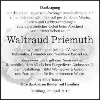 Traueranzeige von Waltraud Priemuth von Super Sonntag Bernburg