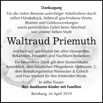Traueranzeige von Waltraud Priemuth von Mitteldeutsche Zeitung Bernburg