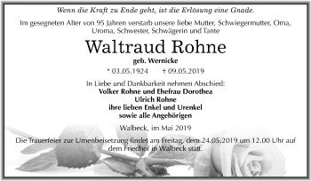 Traueranzeige von Waltraud Rohne von Mitteldeutsche Zeitung