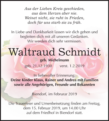 Traueranzeige von Waltraud Schmidt von Mitteldeutsche Zeitung Bernburg