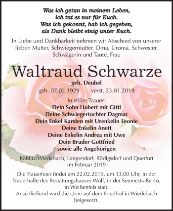 Traueranzeige von Waltraud Schwarze von Mitteldeutsche Zeitung Weißenfels