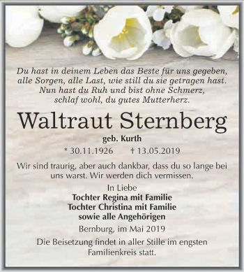Traueranzeige von Waltraut Sternberg von Super Sonntag Bernburg