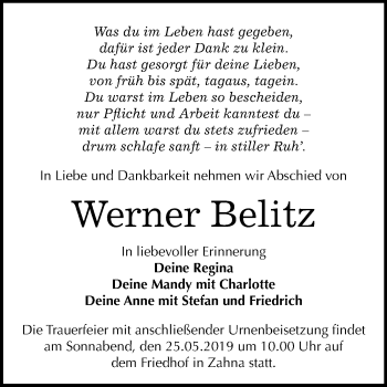 Traueranzeige von Werner Belitz von Mitteldeutsche Zeitung