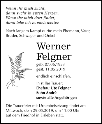 Traueranzeige von Werner Felgner von Mitteldeutsche Zeitung