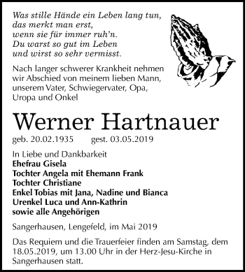 Traueranzeige von Werner Hartnauer von Mitteldeutsche Zeitung Sangerhausen