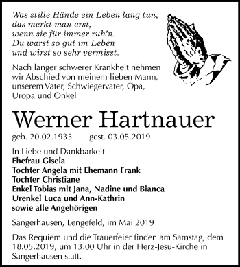Traueranzeige von Werner Hartnauer von WVG - Wochenspiegel SGH