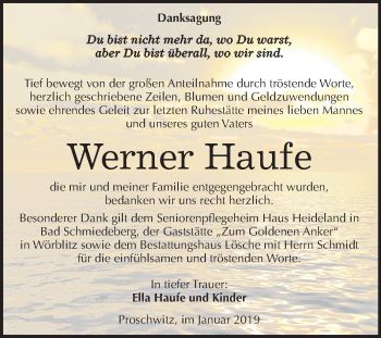 Traueranzeige von Werner Haufe von Mitteldeutsche Zeitung Wittenberg