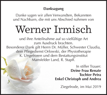 Traueranzeige von Werner Irmisch von Mitteldeutsche Zeitung Mansfelder Land