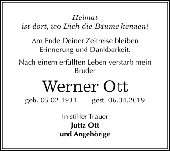 Traueranzeige von Werner Ott von WVG - Wochenspiegel NMB / WSF / ZTZ