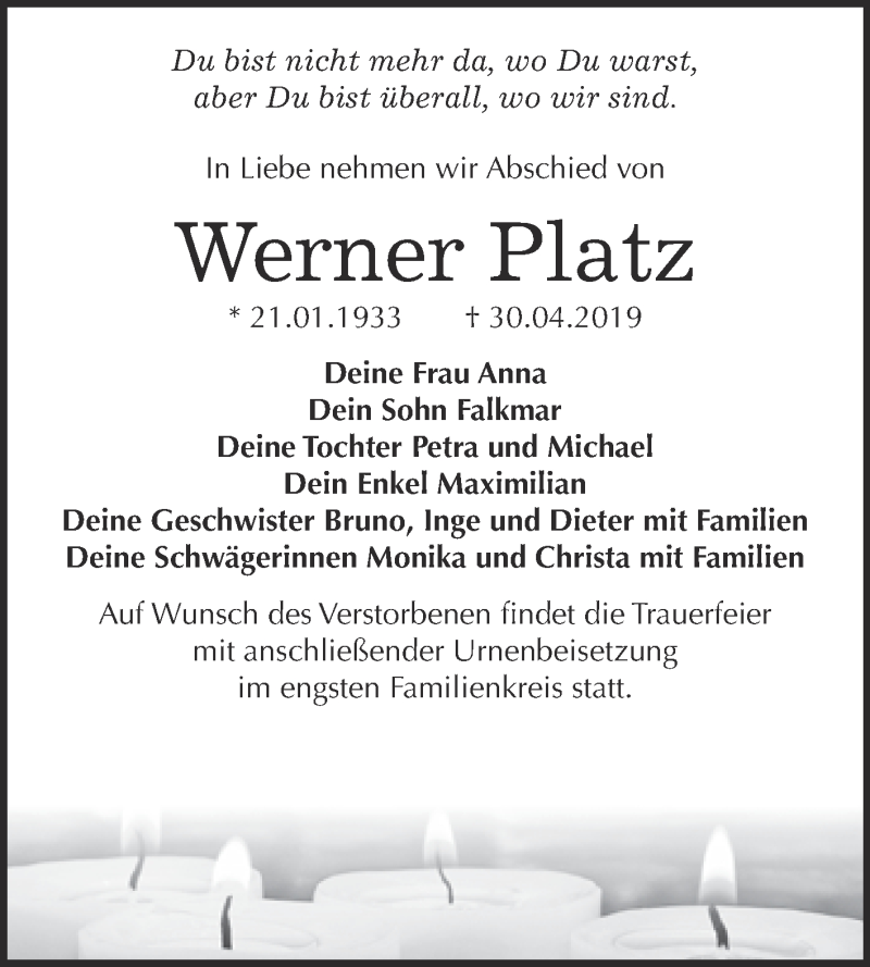  Traueranzeige für Werner Platz vom 11.05.2019 aus WVG - Wochenspiegel Wittenberg