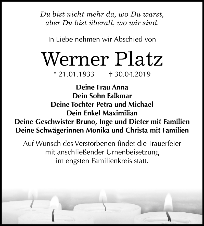  Traueranzeige für Werner Platz vom 11.05.2019 aus Mitteldeutsche Zeitung