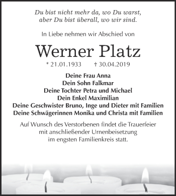 Traueranzeige von Werner Platz von WVG - Wochenspiegel Wittenberg