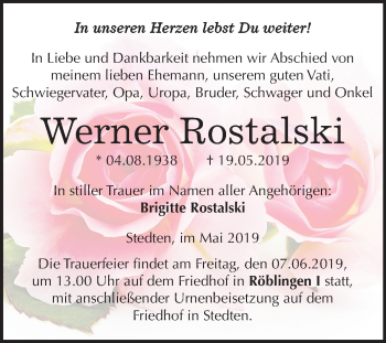 Traueranzeige von Werner Rostalski von Mitteldeutsche Zeitung Halle/Saalkreis