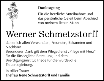 Traueranzeige von Werner Schmetzstorff von Mitteldeutsche Zeitung Dessau-Roßlau