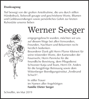 Traueranzeige von Werner Seeger von WVG - Wochenspiegel Wittenberg